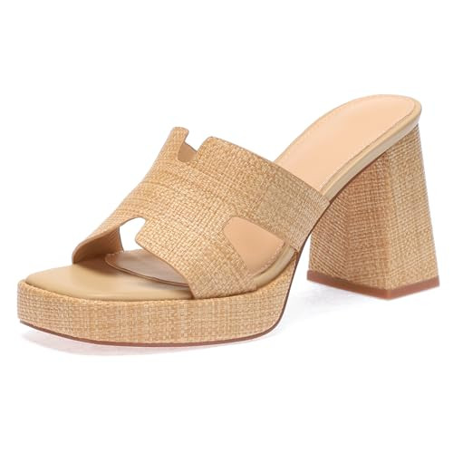 Amazon.com | Monrovia Raffia Platform Heels for Women – Open Toe Slide On Wedge Sandals, Chunky... | Amazon (US)