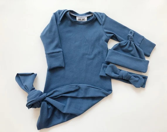 Knotted baby gown set with hat or headband, newborn boy or girl coming home outfit, gender neutra... | Etsy (US)