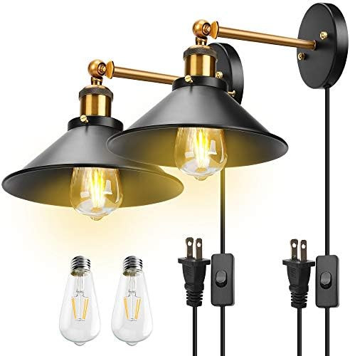 JACKYLED Retro Plug in Wall Sconces with LED Bulb Black Hardwire Industrial Vintage Wall Lamp Fix... | Amazon (US)