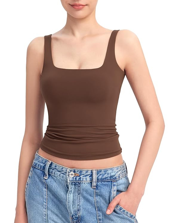 PUMIEY Women's Square Neck Tank Top Sleeveless Double Lined Basic Tops Sharp Collection | Amazon (US)