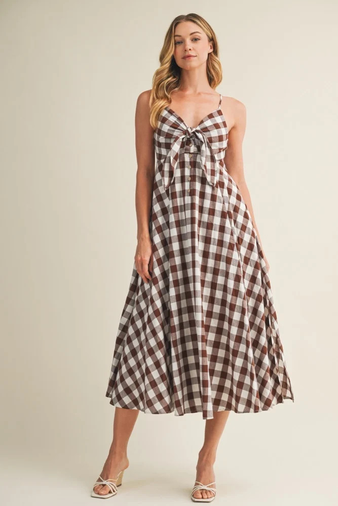 Chocolate Gingham Tie Front Racerback Midi Dress | PinkBlush Maternity