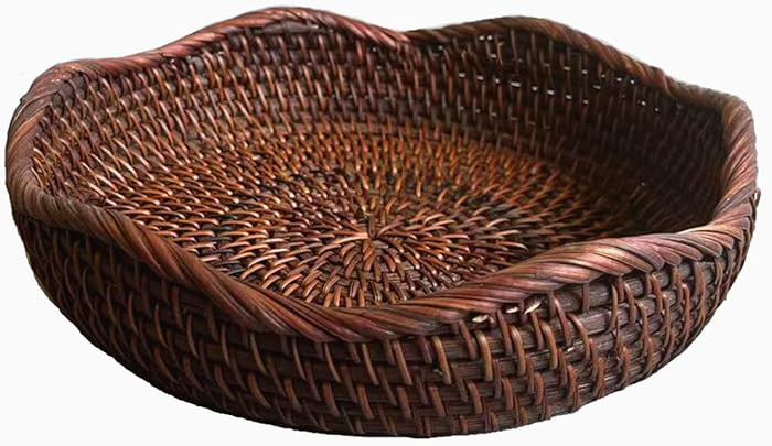 Handmade Rattan Round Fruit Basket Food Storage Bowls Kitchen Organizer Snack Serving Bowl 9 Inch Wavy Edge Circle Tray Basket with 2” Deep Wall, Dark Brown Décor Display Tray Bowl, S | Amazon (US)
