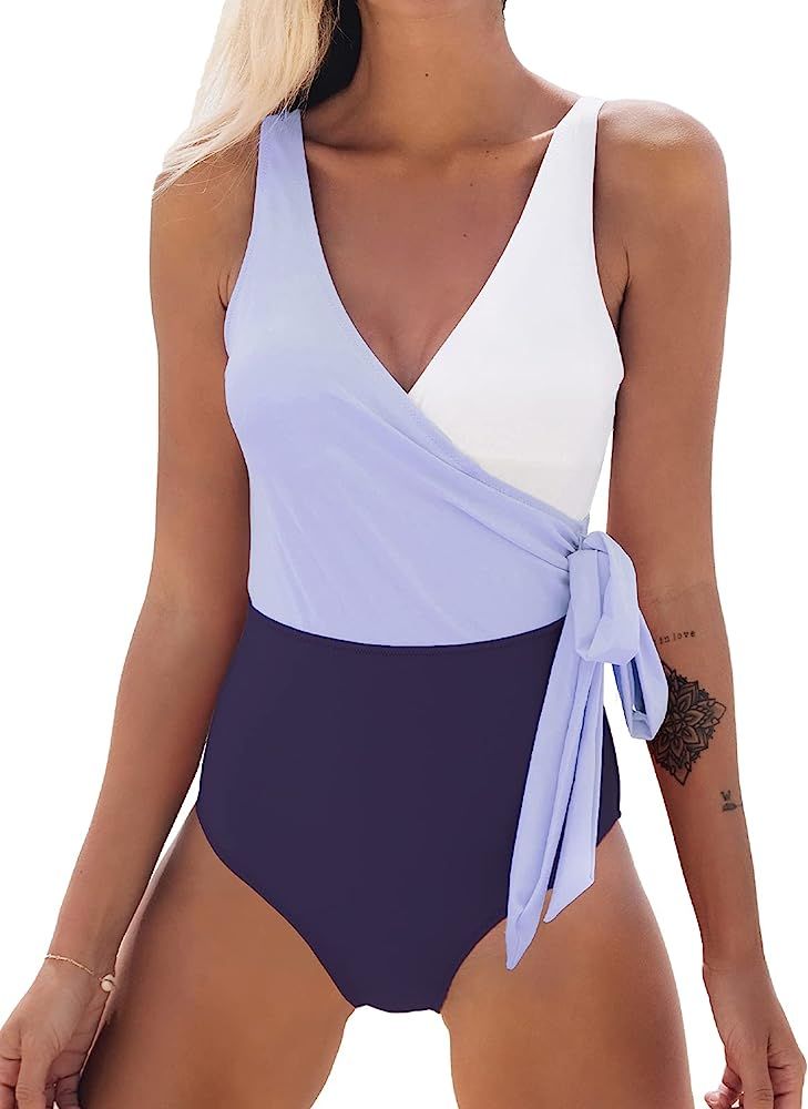 CUPSHE Women's One Piece Swimsuit Wrap Color Block Tie Side Bathing Suit | Amazon (US)