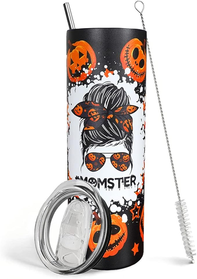 Ceovfoi Halloween Pumpkin Tumbler with Lid and Straw,Gothe 20oz Skinny Tumbler Coffee Travel Mug ... | Amazon (US)