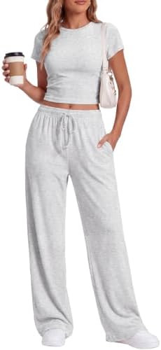 LanGui 2 Piece Sets for Women Summer 2026 Lounge Set Side Ruched Top and Wide Leg Pants for Airpo... | Amazon (US)