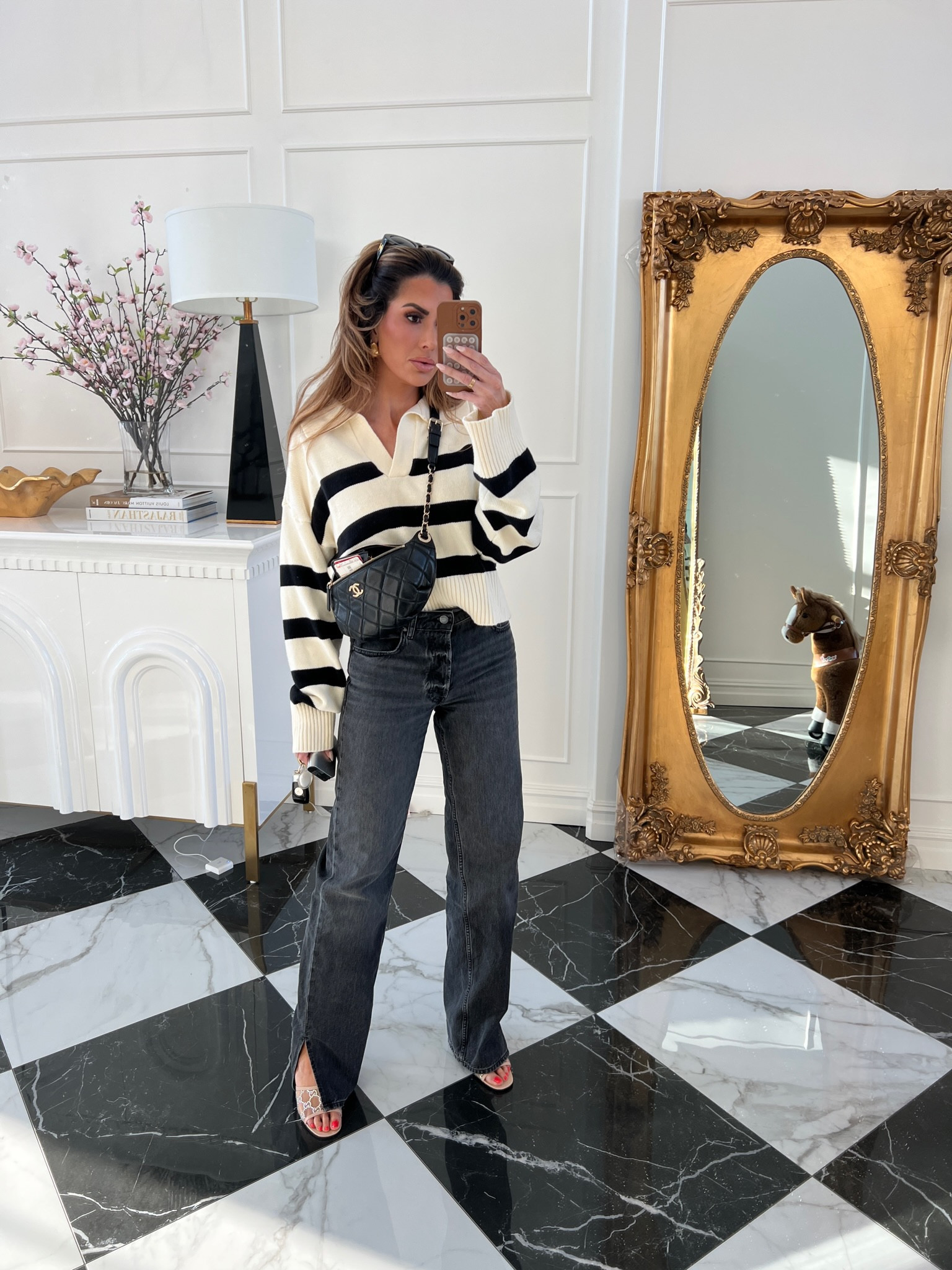 Wearing a size 25 in jeans and small in sweater. 

Winter fashion, fall fashion, spring fashion, black jeans, flattering jeans, Gucci shoes, kitten heel, Chanel, Emily Ann Gemma 

#LTKstyletip