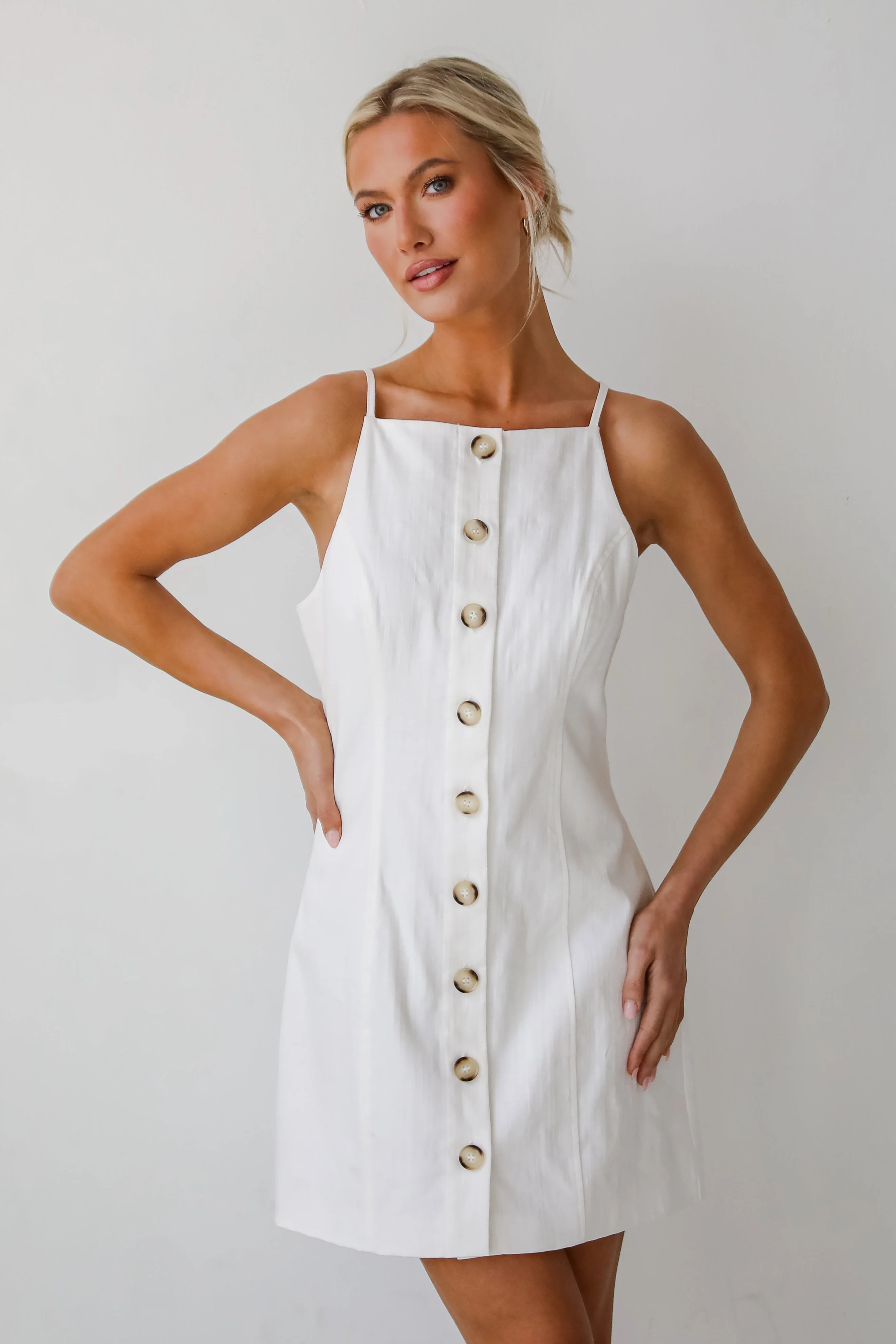 Cute White Button Front Mini Dress | White Dresses | Dress Up | Dress Up