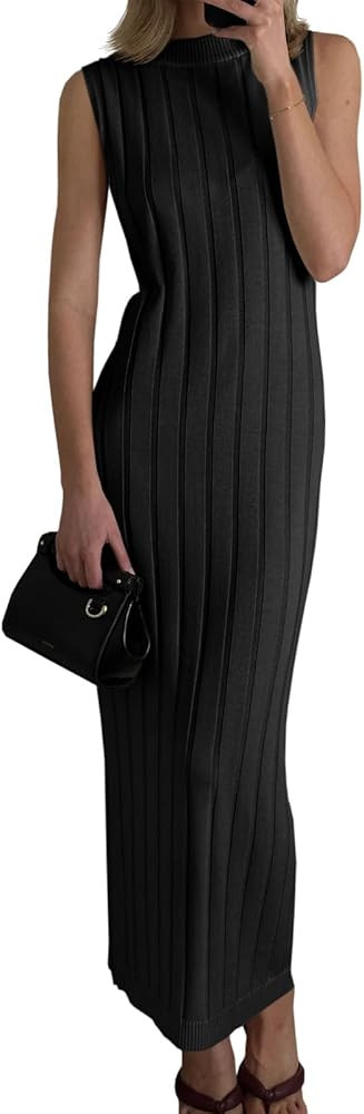 Wenrine Womens Sleeveless Sweater Dress Mock Neck Ribbed Knit Fall Tank Maxi Dresses | Amazon (US)