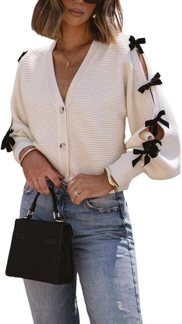 Arssm Women V Neck Long Sleeved Bow-Knotted Knitted Cardigan Button Sweet Darling Bow Embellished... | Amazon (US)