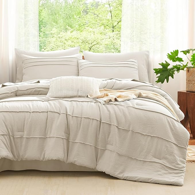 CozyLux Queen Comforter Set Beige, 7 Pieces Soft Prewashed Pinch Pleat Bed in a Bag Queen Comfort... | Amazon (US)