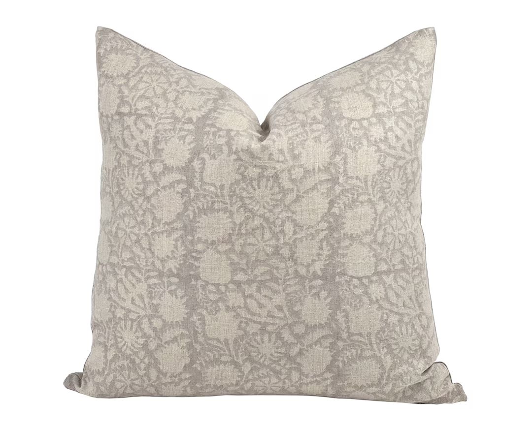 FLORENCE | Designer Beige Floral Linen Pillow Cover, Block Print Pillow, Farmhouse Pillow, Taupe ... | Etsy (CAD)