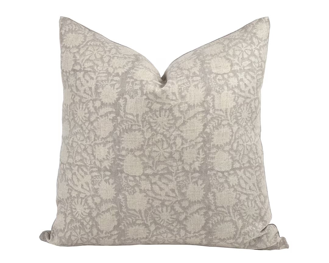 FLORENCE | Designer Beige Floral Linen Pillow Cover, Block Print Pillow, Farmhouse Pillow, Taupe ... | Etsy (CAD)