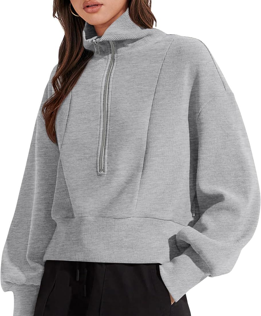 Women's Fall Fashion Zip Up Sweatshirt Casual Long Lantern Sleeve Split Hem Collared Blouse Top | Amazon (US)