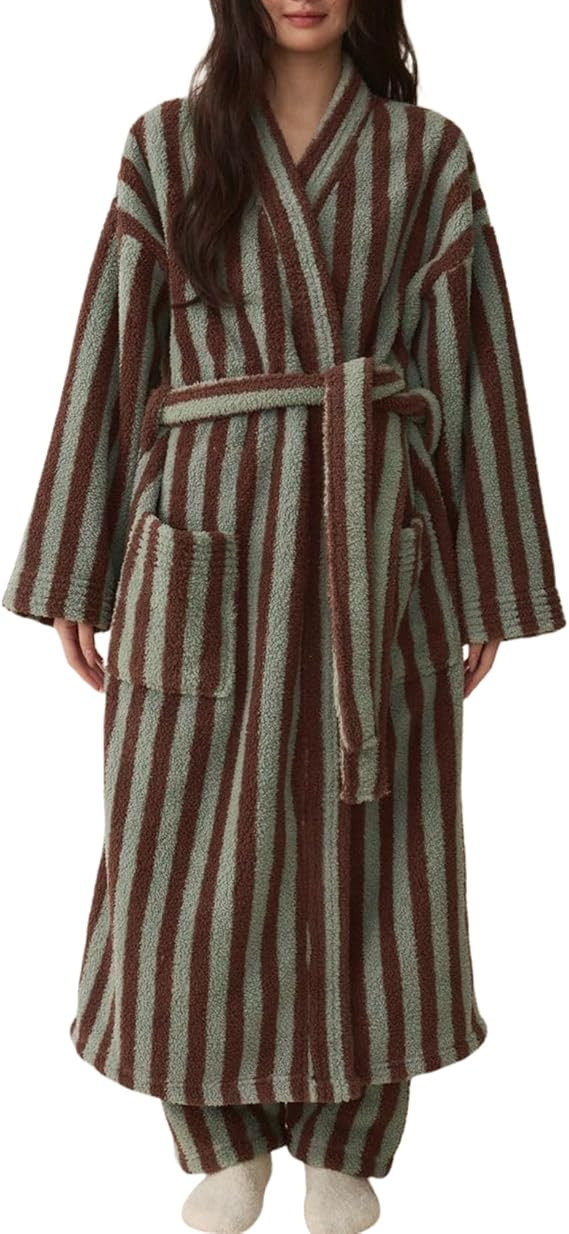 Arssm Womens Striped Fluffy Robe Long Plush Bathrobes Fuzzy Warm Cozy Thick Oversized Loungewear ... | Amazon (US)