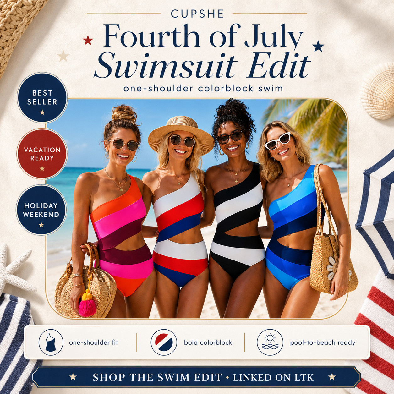 @Cupshe Summer | Fourth of July Edit | Red, White & Blue Colorblock One Piece Cutout Swimsuits

The one-shoulder colorblock swimsuits that make your Fourth of July swim look feel bold, flattering, and instantly vacation-ready. 🇺🇸

These CUPSHE one-piece swimsuits are perfect when you want something festive for the holiday weekend, but still chic enough to wear all summer. 

The one-shoulder fit gives that elevated swim moment, the colorblock design makes the whole look pop, and the cutout detail keeps it fun without feeling overdone.

This is the swim edit to check first for Fourth of July beach days, pool parties, lake trips, boat days, resort vacations, cruises, beach bars, and pool-to-beach outfits. 

It solves the “I want a patriotic swimsuit that still feels stylish” problem — bold enough for the holiday, flattering enough to feel confident in, and wearable beyond one weekend.

I love that these feel like statement swimsuits without needing a lot of styling. 

Add denim shorts, a crochet cover-up, sandals, sunnies, a straw tote, or gold jewelry and the whole look feels done.

I pulled together the colorblock swimsuits worth checking first so you can skip the scroll and go straight to the styles that feel the most flattering, photo-ready, and holiday-weekend worthy.

📌 SAVE this for Fourth of July swimsuit ideas, patriotic swim looks, and one-piece swimsuits that make your beach outfit feel instantly styled.

↓ Everything is linked!

#LTKSaleAlert #LTKSwim #LTKTravel