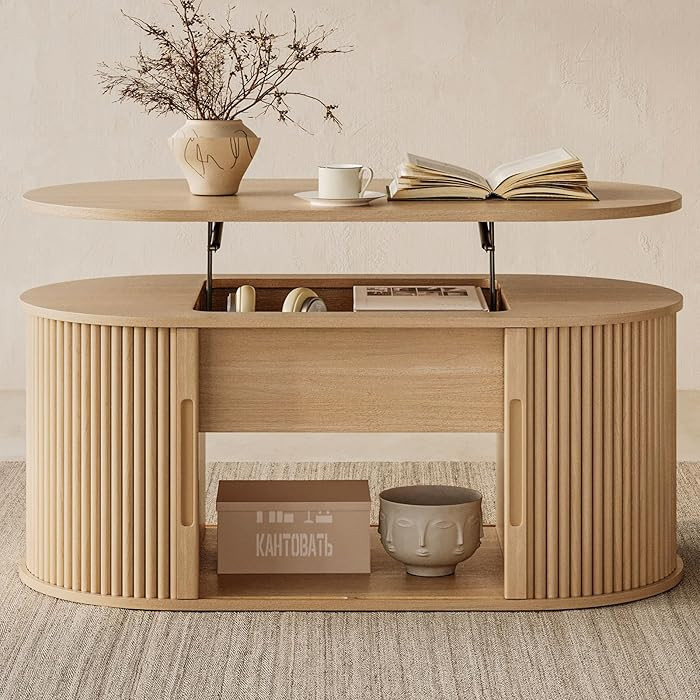 LINSY Lift Top Coffee Table, Oval Fluted Coffee Table with Storage, Boho Wooden Coffee Tables wit... | Amazon (US)