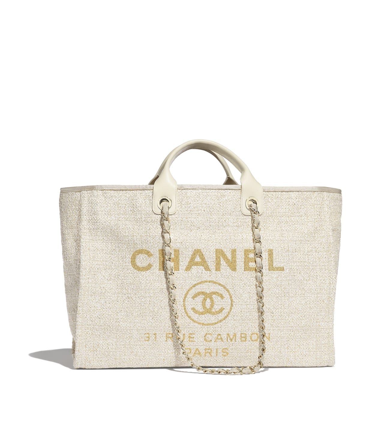 Cotton, Nylon, Lurex, Calfskin & Gold-Tone Metal Ivory Large Shopping Bag | CHANEL | Chanel, Inc. (US)