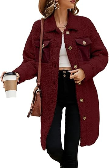 EVALESS Fuzzy Fleece Jackets for Women Fashion Long Sleeve Lapel Button Down Long Teddy Coat Faux... | Amazon (US)