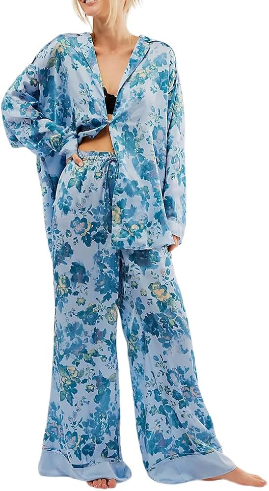 Women Satin Pajamas Set 2 Piece Western Cowgirl Silk Pjs Long Sleeve Floral Pjs Wide Leg Pants Bu... | Amazon (US)