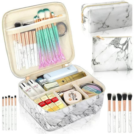 3 Pack Makeup Organizer Bags and Travel Cases with 10 Pcs Make up Brushes & Adjustable Dividers Portable Cosmetic Bag Set for Women Water-Resistant White | Walmart (US)