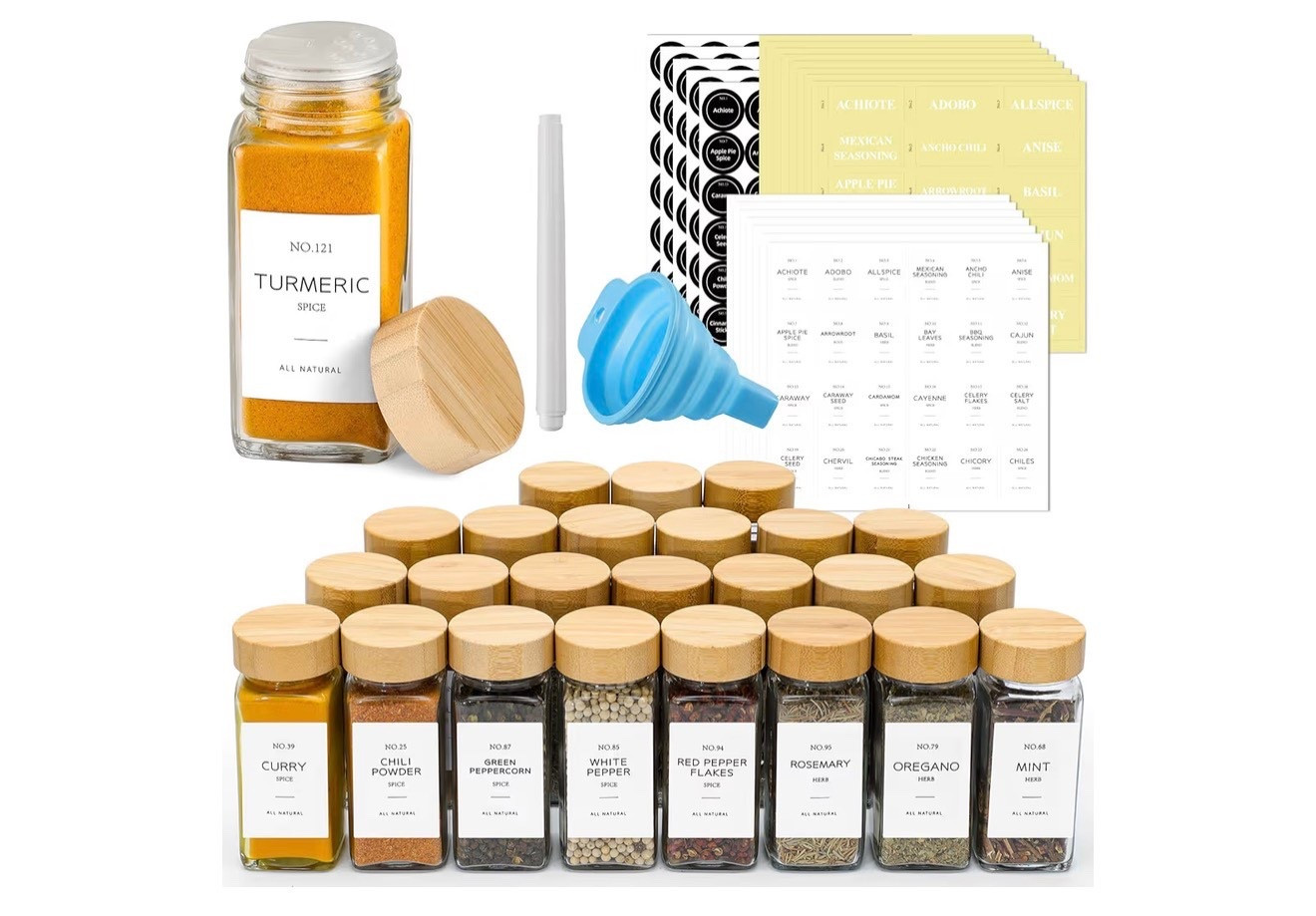 Contains 24 glass square spice jars, 24 shaker lids, 492 labels of 3 different types for identifying, a marker and a collapsible silicone funnel for refilling

#LTKFindsUnder100 #LTKHome #LTKFamily