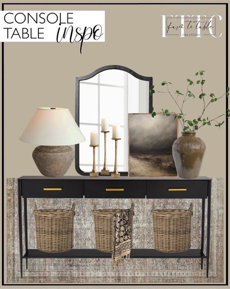 Console Table Inspo. Follow @farmtotablecreations on Instagram for more inspiration.

Use code FARMTOTABLE for 15% off framed art  

Neena Pillar Candleholder. Loloi Chris Loves Julia Jules Collection JUL-09 Ink/Terracotta Rug. Moody Dark Tone Abstract Canvas Printed Sign. Vintage Mijiu Jar. Calabria Table Lamp Rustico. 31.5" Fake Pieris Japonica Stem, Artificial Pieris, Faux Spring Plant Stem. Ayriauna Rattan Basket. West Elm Metalwork Console. 20" x 30" Shield Wall FSC Ash Wood Mirror Black - Threshold designed with Studio McGee. Console Table Styling. Entryway Decor. Affordable Home Finds  

#LTKfindsunder50 #LTKhome #LTKsalealert