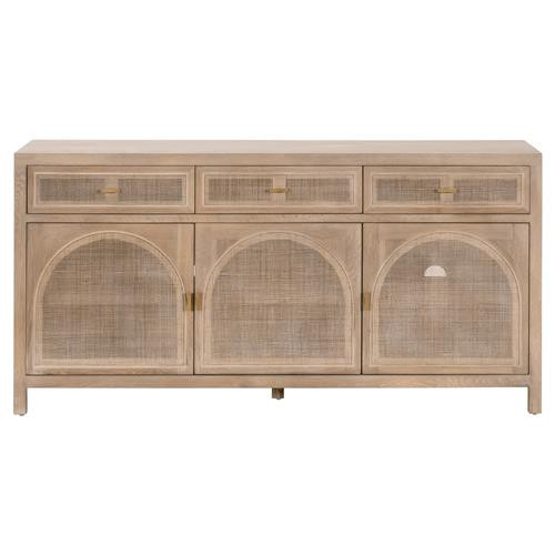 Lulu Coastal Beach Grey Oak Wood Woven Cane Panel 3 Drawer 3 Door Sideboard | Kathy Kuo Home