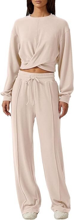 QINSEN Women 2 Piece Outfits Sweatsuit Set Twist Front Cropped Sweatshirt Wide Leg Sweatpant Loun... | Amazon (US)