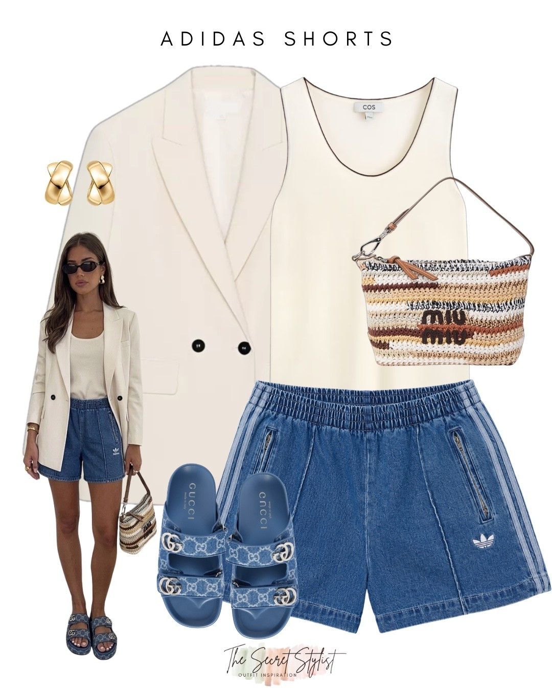 Adidas denim shorts 
Summer outfit
Blazer
Gucci slider sandals denim
Miu Miu crochet bag
City break style

#LTKspring #LTKsummer #LTKstyletip