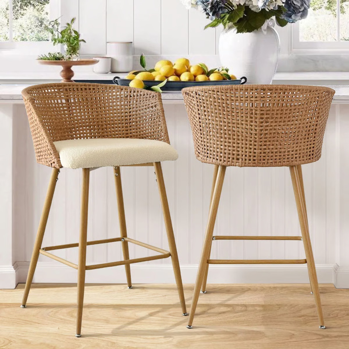 Emmitsburg 27" Upholstered Boucle Rattan Full Back Arm Counter Stool (Set of 2) | Wayfair North America