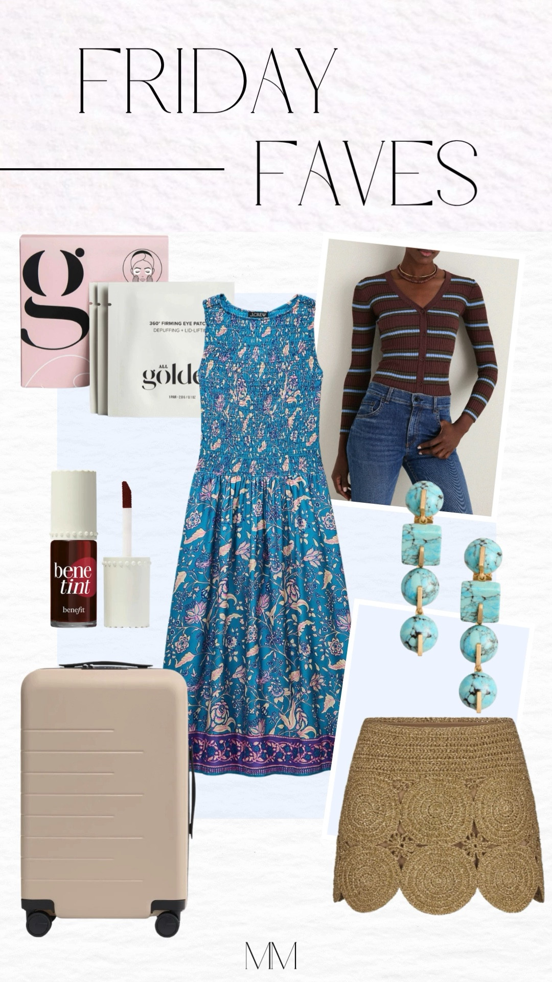 Friday Faves featuring some of my favorite summer finds. This blue floral midi dress is perfect for vacations, brunch, and warm weather events. I paired it with turquoise statement earrings, a striped cardigan, and a crochet mini skirt that is perfect for beach days. Also sharing my favorite firming eye patches, a classic lip tint, and this neutral carry on suitcase that is perfect for travel.

[summer dress, floral midi dress, vacation outfit, turquoise earrings, crochet skirt, striped cardigan, travel outfit, carry on suitcase, beauty favorites, firming eye patches, lip tint, summer fashion]

#LTKOver40 #LTKWedding #LTKSaleAlert