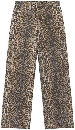 Women's Leopard Print Jeans Straight Leg Casual High Waisted Stretch Trendy Blue Jeans for Women | Amazon (US)