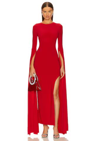 Norma Kamali Open Back Ribbon Sleeve Wide Slit Gown in Tiger Red from Revolve.com | Revolve Clothing (Global)