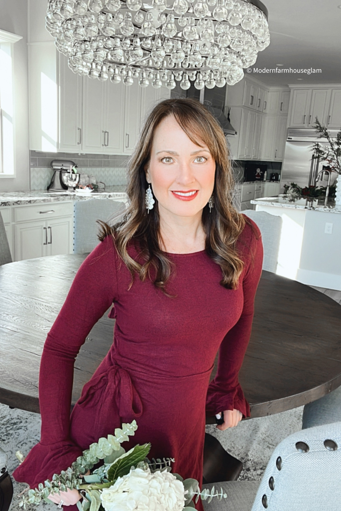 Modern Farmhouse Glam Christmas dress, holiday dress, red dress, kitchen, round dining room tables, make up lipstick and mascara home decor kitchen 

#LTKhome #LTKHoliday #LTKstyletip