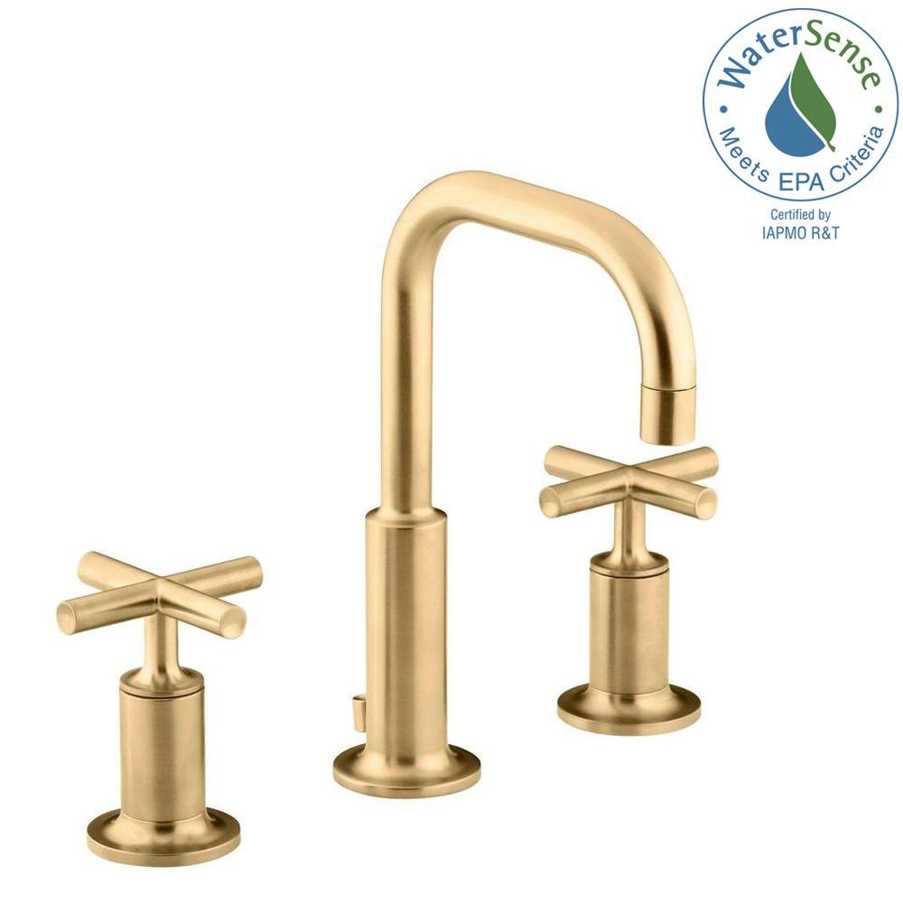 Purist 8 in. Widespread 2-Handle Mid-Arc Bathroom Faucet in Vibrant Modern Brushed Gold | The Home Depot