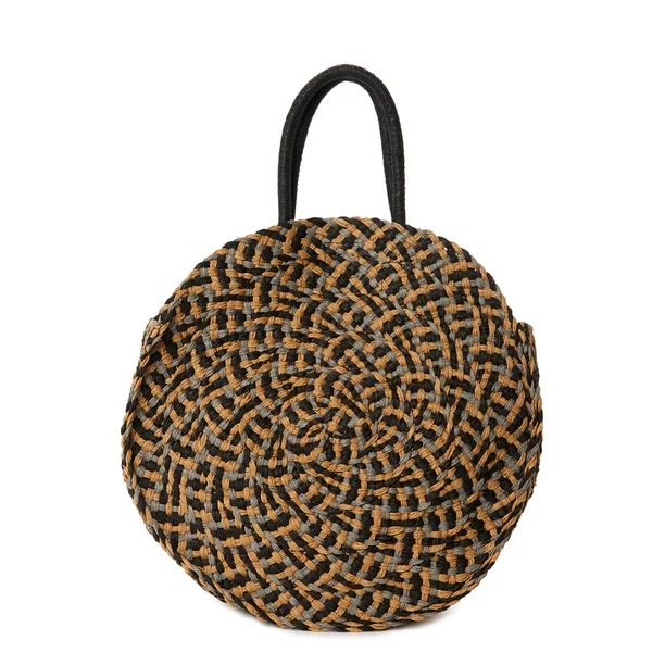 Time and Tru Women’s Circle Straw Tote Bag Black Multi - Walmart.com | Walmart (US)