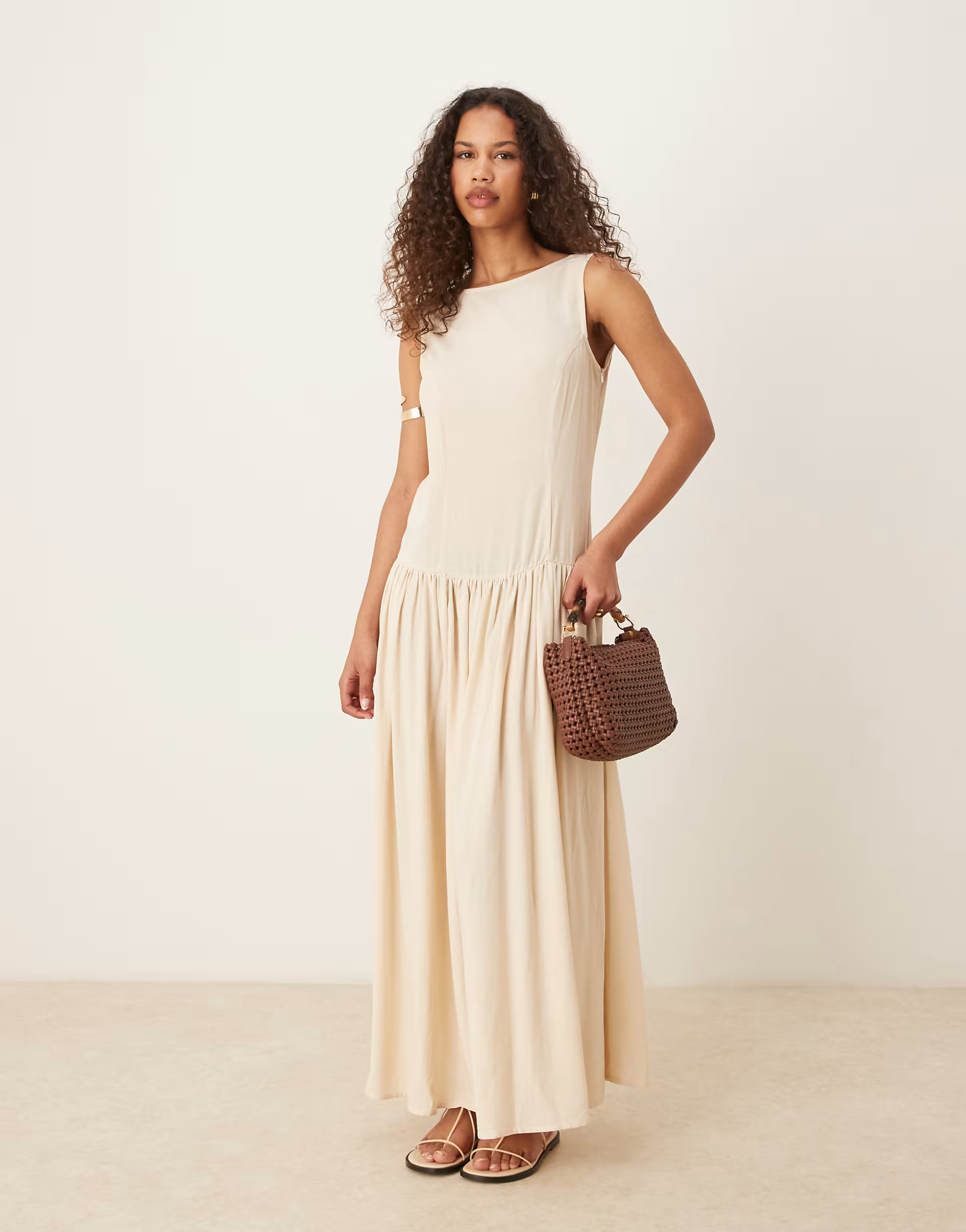 ASOS DESIGN linen look low back dropped waist maxi dress in beige | ASOS | ASOS (Global)