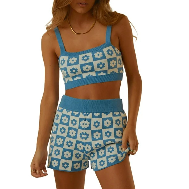 Women Y2K Knitted 2 Piece Shorts Set Floral Print Crop Camis High Waist Short Pants Outfits Summe... | Walmart (US)