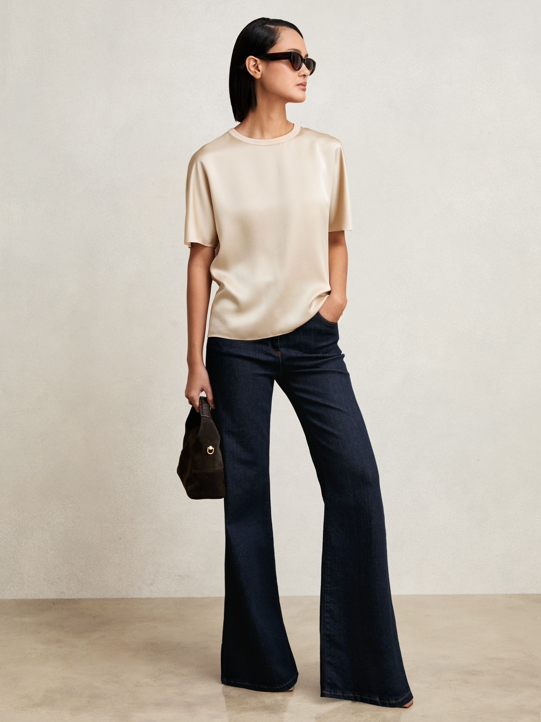 Reiss Silk Short-Sleeve Top in Champagne Neutral - REISS | Reiss UK