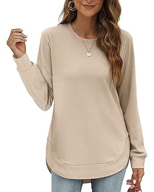 OFEEFAN Womens Sweatshirt Crewneck Long Sleeve Shirts High Low Tops Curved Hem | Amazon (US)