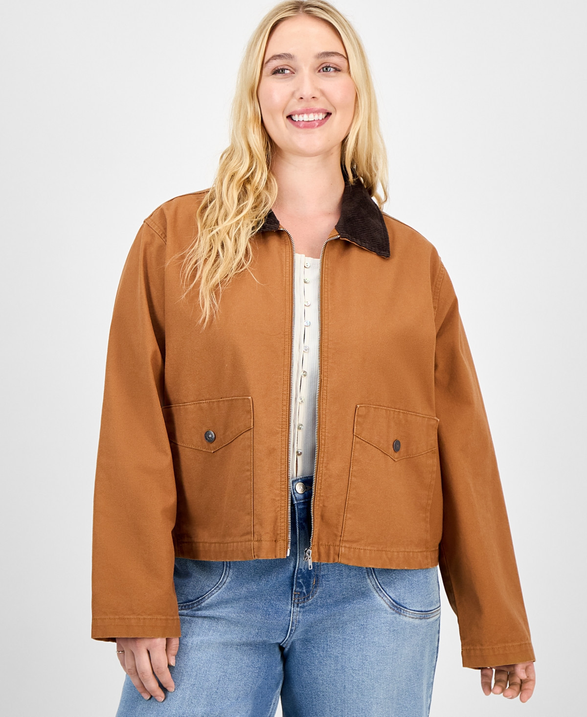 Madden Girl Trendy Plus Cotton Front-Zip Barn Jacket - Brown | Macy's