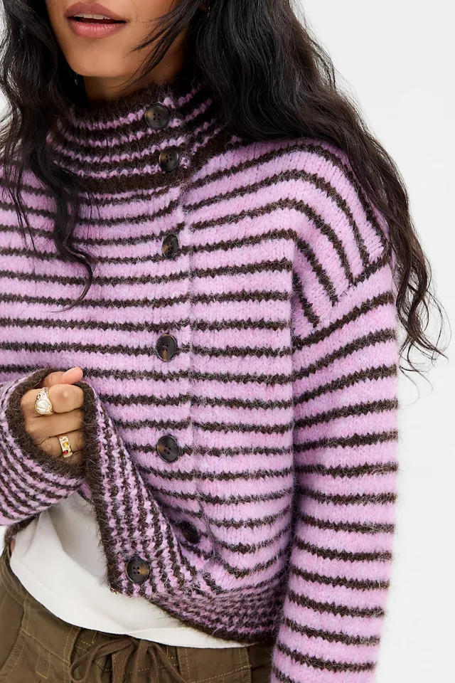 Urban Outfitters UO Indie Asymmetric Button Funnel Neck Cardigan in Pink Combo, Women's at Urban Outfitters | Urban Outfitters (US and RoW)