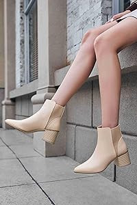Coutgo Womens Pointed Toe Ankle Boots Elastic Chunky Block Stacked Mid Heel Slip On Chelsea Booti... | Amazon (US)