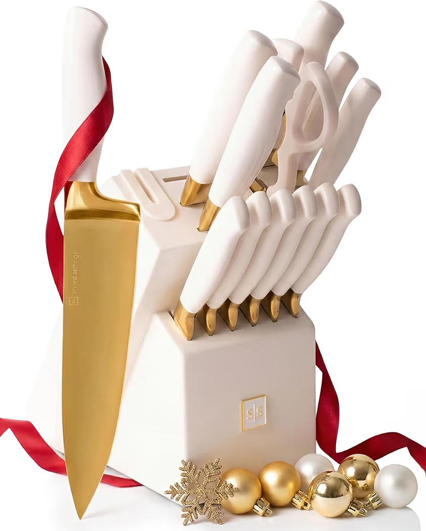 White and Gold Knife Set with Block - 14-Piece White Knife Set with Block and Built-In Sharpener ... | Amazon (US)