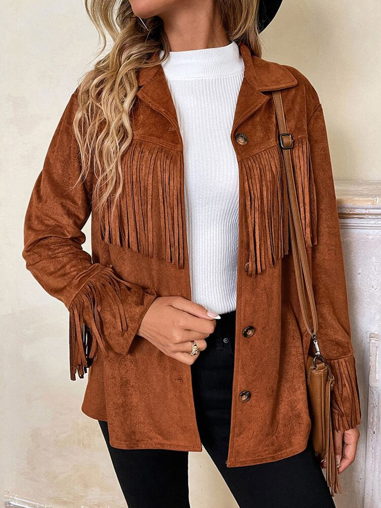 Fringe Trim Faux Suede Coat | SHEIN