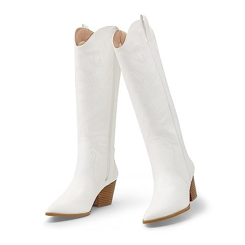 Arromic Wide Calf Cowgirl Boots for Women, Western Cowboy Boots for Women Knee High Tall Pointed Toe Embroidered Pull On Zipper Stitching Chunky Heel Fashion Boots, White-wide calf, 9.5 | Amazon (US)