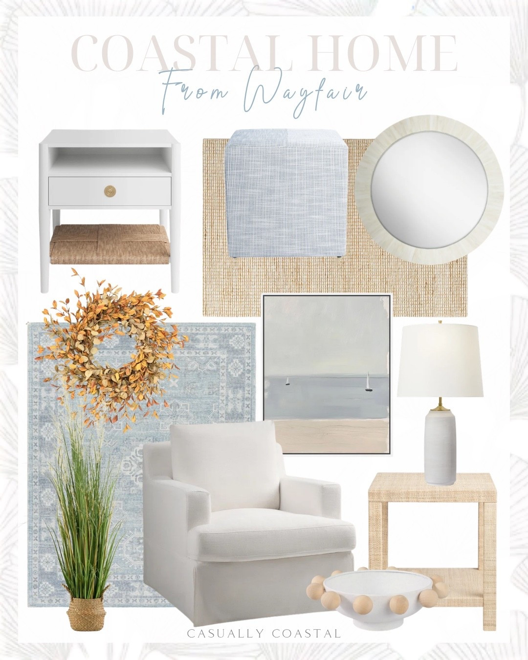 (#ad) Sharing some coastal home pieces that are currently inspiring me, many of which are on sale @Wayfair right now! #Wayfair #WayfairPartner
------
coastal home decor, coastal decor, coastal style, coastal rugs, wayfair rugs, bedroom rugs, living room rugs, dining room rugs, entryway rugs, affordable rugs, rugs on sale, neutral rugs, blue & white rugs, 9x12 rugs, 10x13 rugs, 8x10 rugs, 5x7 rugs, 3x5 rugs, 6x9 rugs, textured rugs, oversized rug, beach house rugs, lake house rugs, white accent chair, living room chairs, decorative bowls, white nightstands, nightstands with drawers, woven nightstands, coastal nightstands, bedroom furniture, coastal nightstands, fall wreaths, fall decor, white lamps, coastal lighting, porch decor, striped ottomans, blue & white ottomans, cube ottomans, round mirrors, coastal mirrors, coastal artwork, sailboat artwork