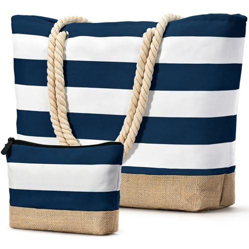 Becokan Beach Bag Initial Beach Tote with Makeup Bag for Travel, Work, Storage Personalized Birthday Gifts for Women Her (Plain, Dark Blue 2 Pcs) | Amazon (US)
