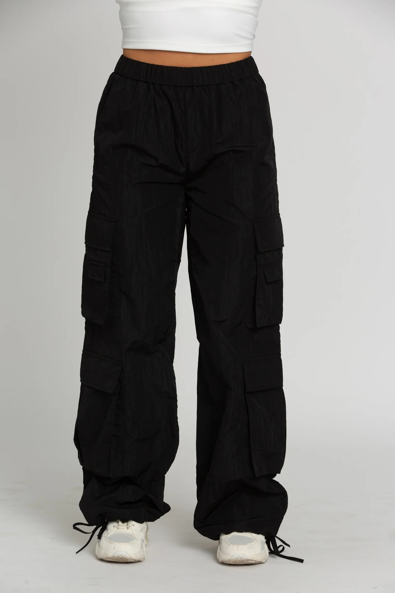 Shiny Black Parachute Pants | Gold Hinge