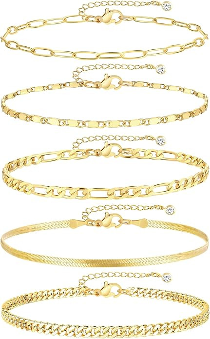 iF YOU Gold Ankle Bracelets for Women, 14k Gold Plated Waterproof Cuban Link Chain Anklets Set, L... | Amazon (US)